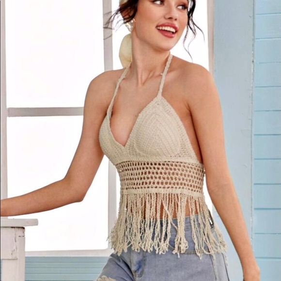 Halter Tie Neck Fringe Crochet Top Drops - Picture 4 of 5